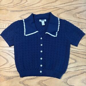 Navy Blue RSQ Pointelle Collared Button Up Shirt Size Medium